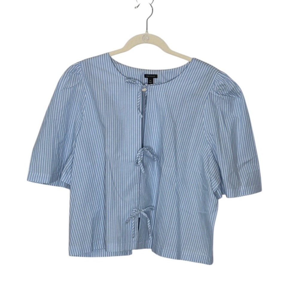 Ann Taylor Light Blue Triple Tie Striped 100% Cotton Blouse XXL - Picture 4 of 8